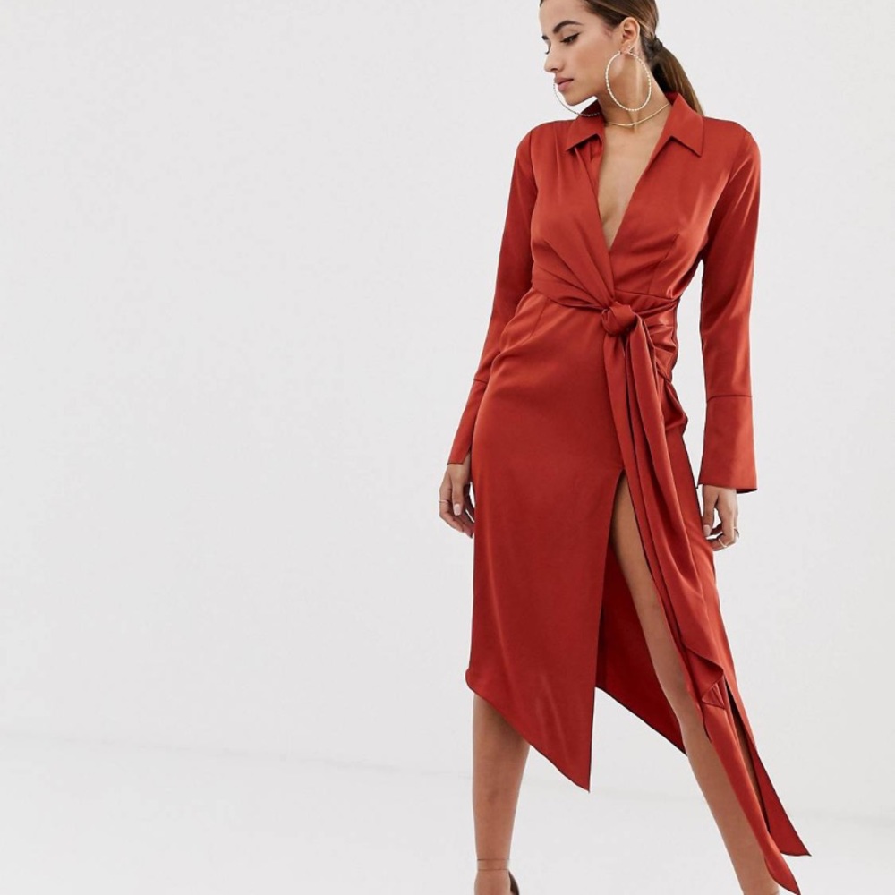 MIDI satin shirt dress with tie waist